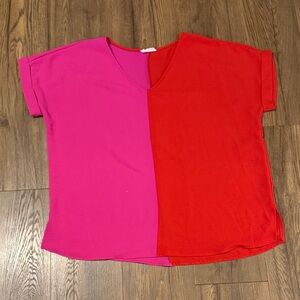 First Love Vivid Colorblock V-Neck Top - Fuchsia and Red